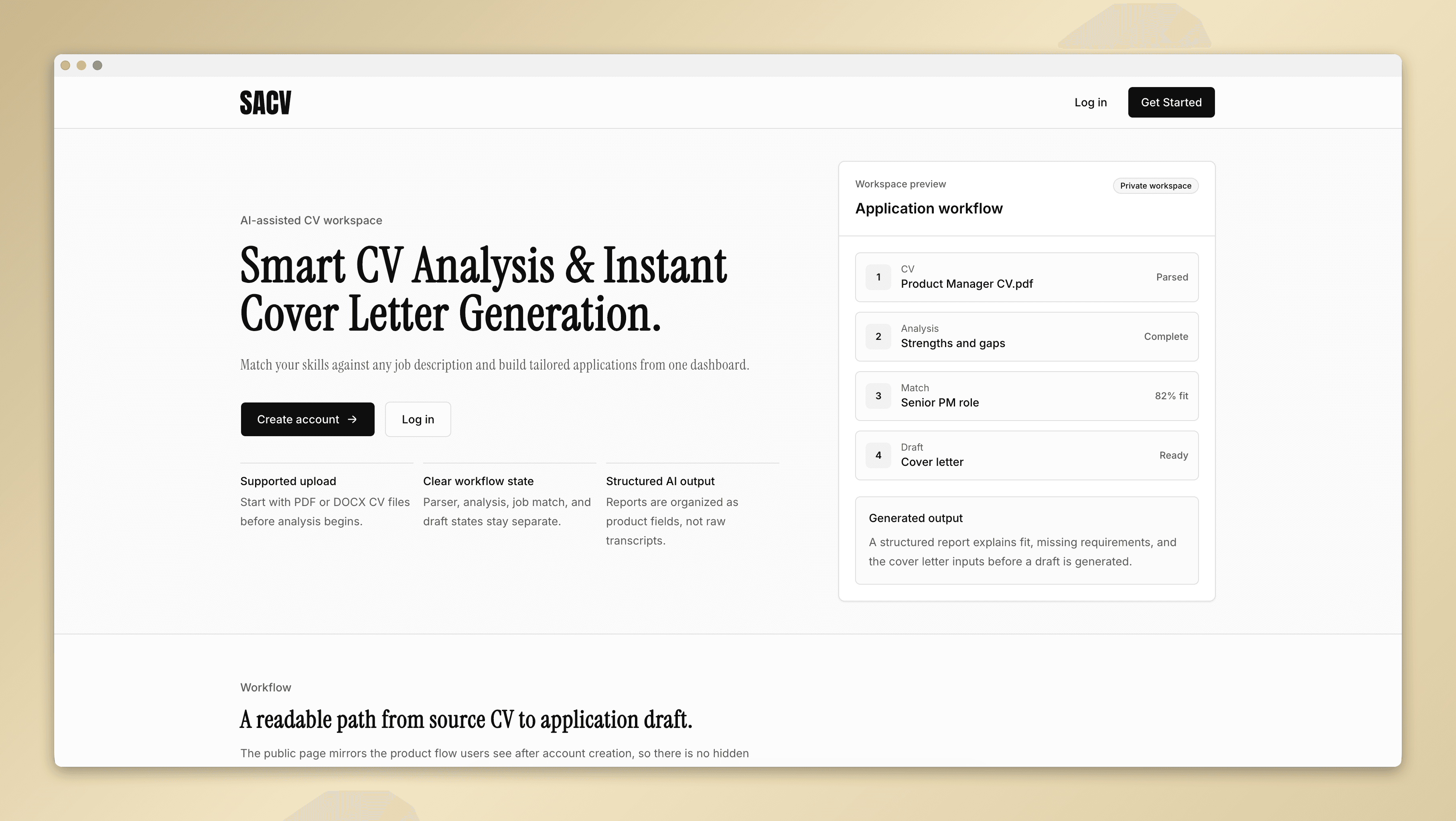 AI resume workflow interface focused on the CV workspace.